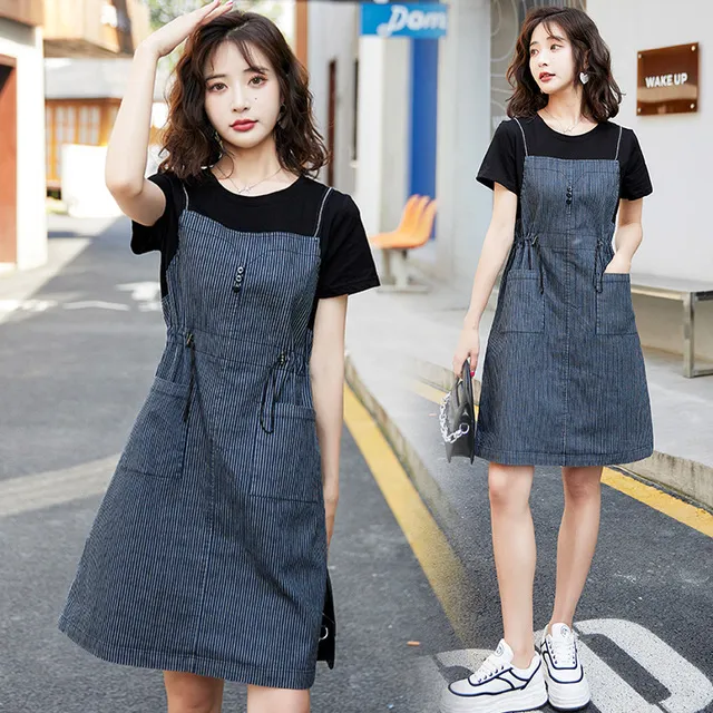 假两件条纹拼接连衣裙女夏季2025新款温柔风气质收腰显瘦a字裙子