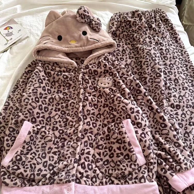 侘町2025新款黑皮豹纹Kitty冬季法兰绒加厚保暖睡衣套装女家居服