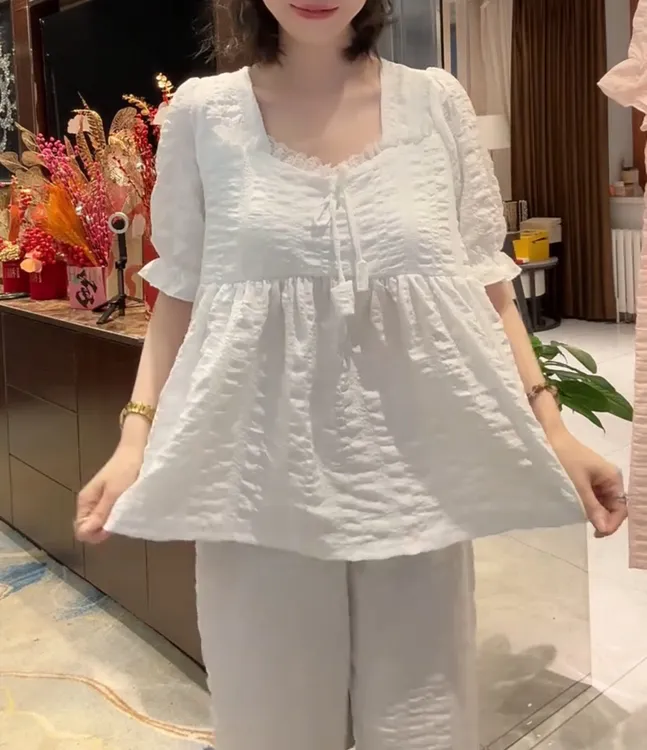 减龄泡泡纱方领半袖家居服两件套【实物微色差】