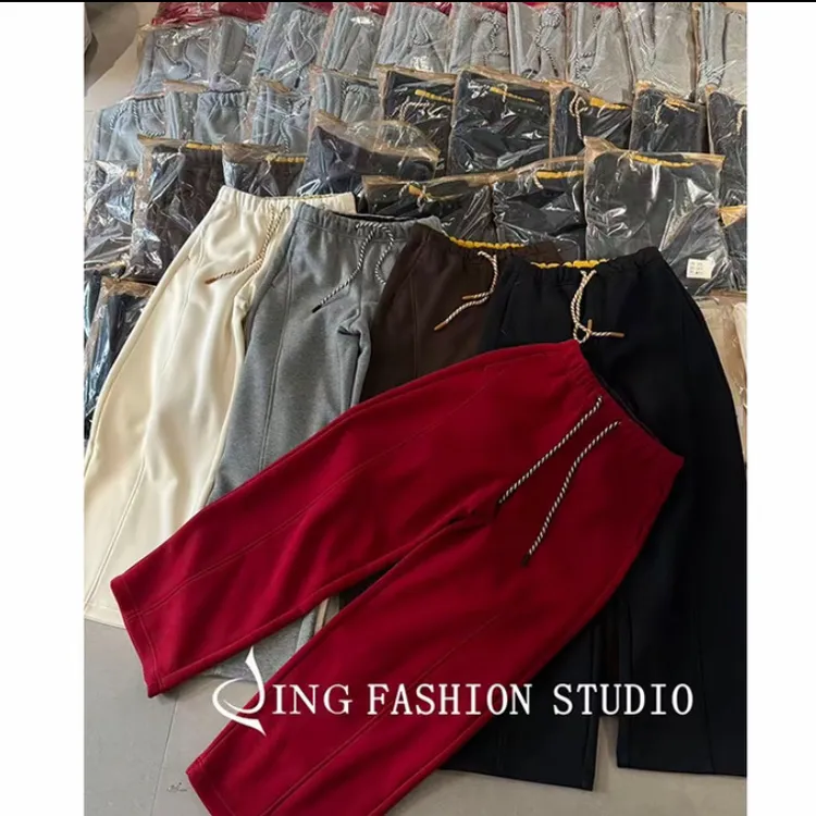 《好运来顶配裤》冬季新款258137抽绳高腰拼色直筒裤宽松百搭休闲