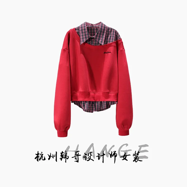 【韩哥欧货女装】2026春季新品《胭脂红》拼接衬衣领高克重卫衣26595