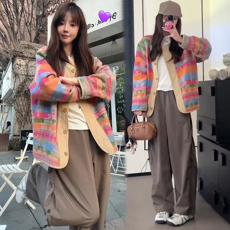 时尚韩系休闲彩色单排扣外套女欧洲站2025春秋洋气百搭圆领上衣