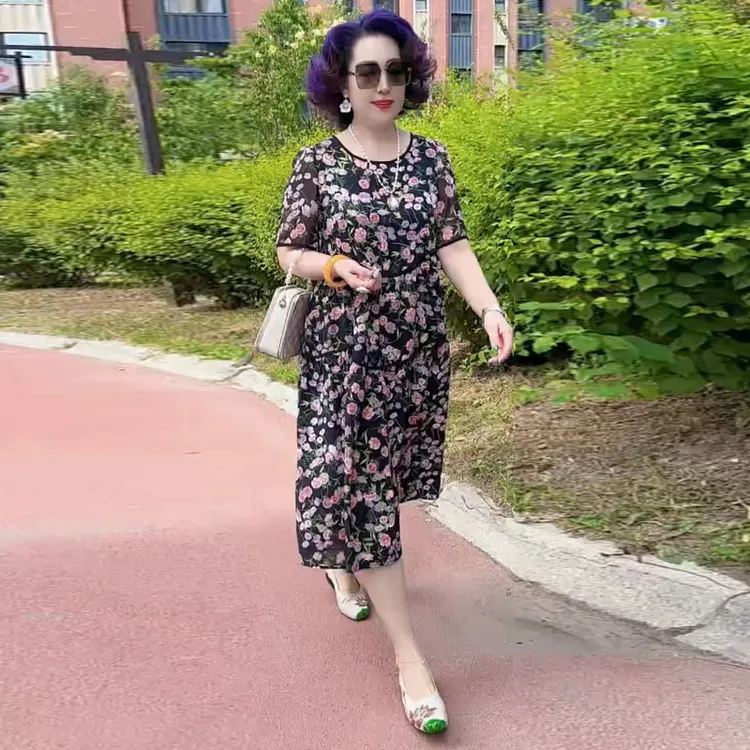 夏季新款宽松遮肚中长裙时髦洋气原创大码连衣裙减龄妈妈碎花裙子