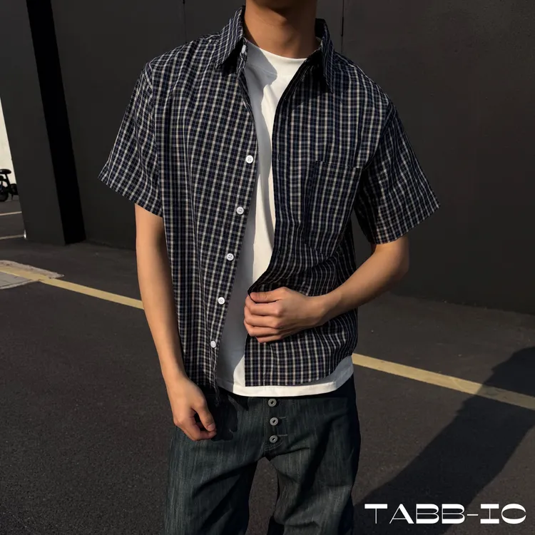 TABBIC美式复古街头格纹【深海蓝】夏季排扣POLO领休闲百搭短宽衬衫