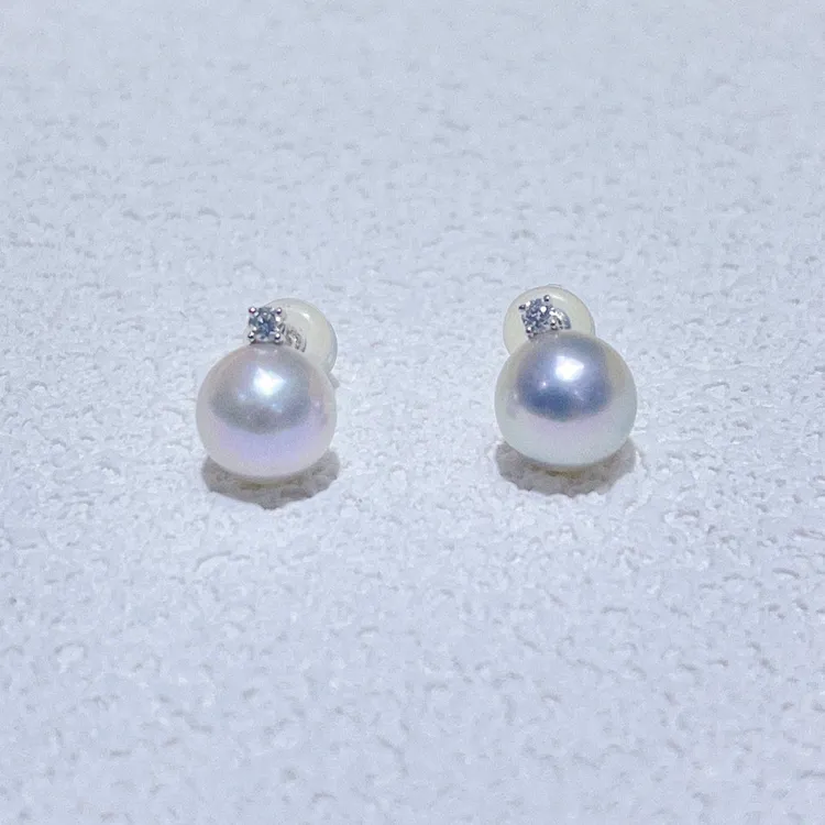 尚晶品珠宝18K金钻石AKOYA日本海水气质灰白珍珠耳钉戴妃款AU750