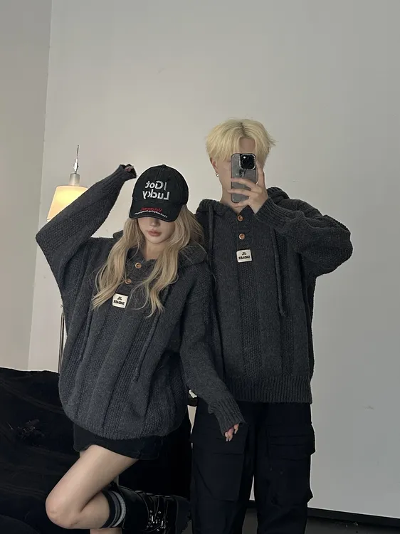 情侣装秋冬季2025新款ins超火连帽毛衣男女宽松慵懒风针织衫外套