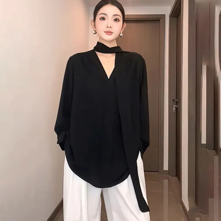 法式气质V领飘带长袖衬衫女春秋季薄款外搭宽松高级感衬衣女上衣