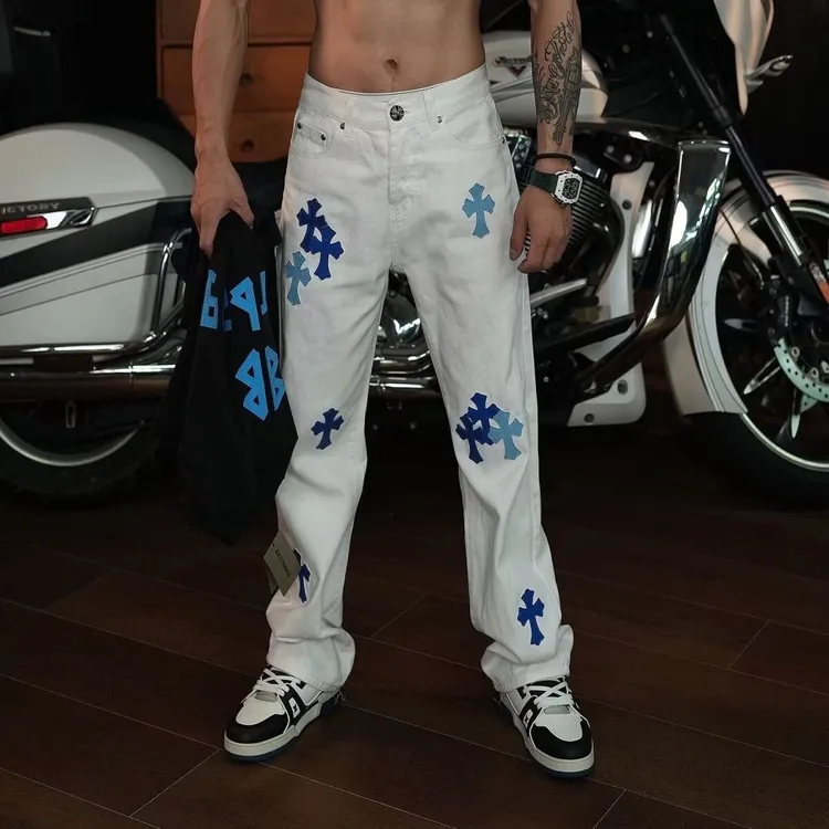 美式vibe风高街潮牌克罗心牛仔裤男女同款十字架宽松直筒阔腿长裤