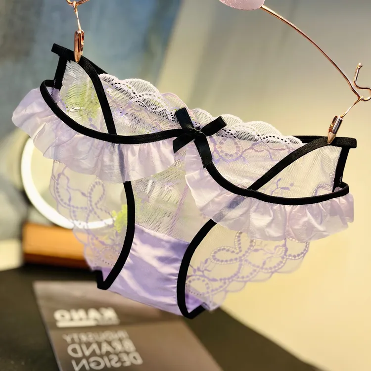 法式轻奢无痕撞色甜美蝴蝶结包臀蕾丝内裤女舒适蕾丝边女士三角裤