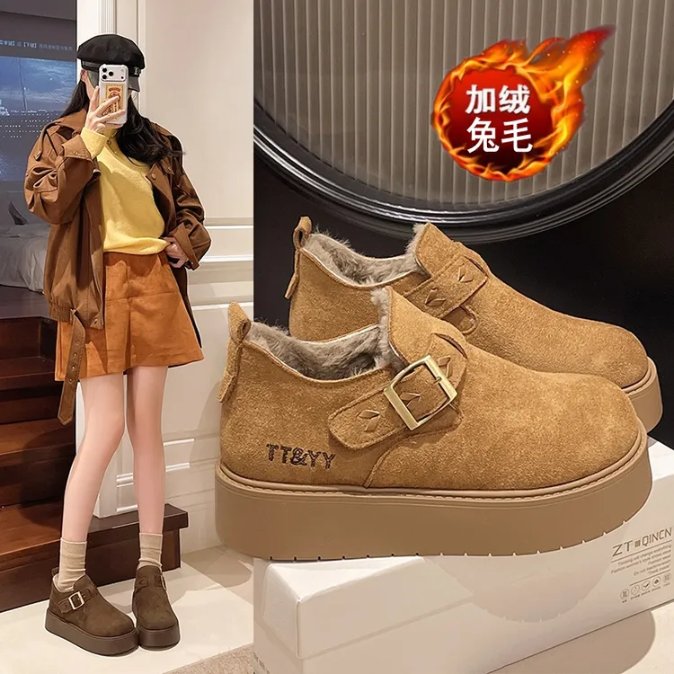 爆款真兔毛勃肯鞋女厚底防滑2025冬季新款一脚蹬百搭加绒乐福鞋女
