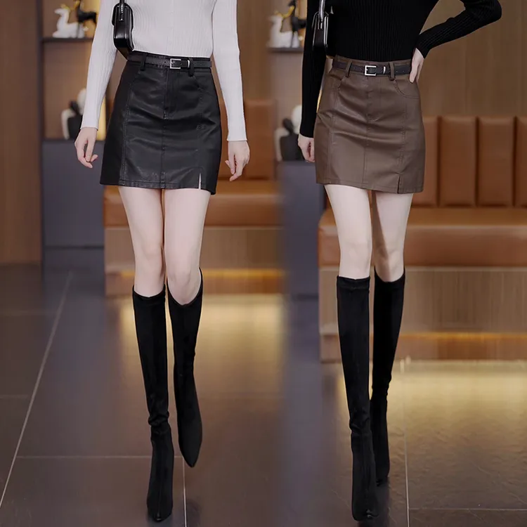 时尚气质咖色PU半身皮裙春秋新款修身显瘦百搭直筒一步包臀短裙子