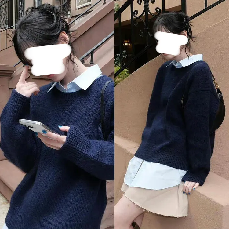 金玟庭同款藏青色套头宽松毛衣女高级小众别致减龄毛织上衣