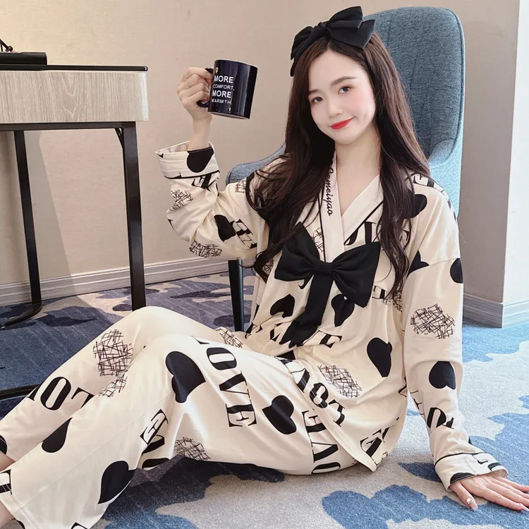 睡衣女春秋季长袖V领甜美可爱蝴蝶结大码公主款家居服秋冬款套装