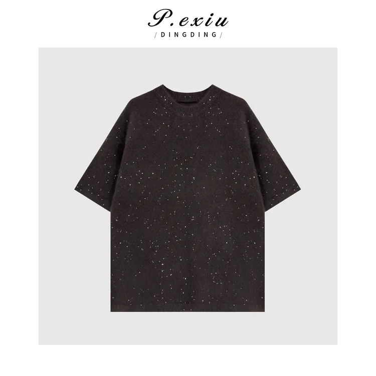 绵羊毛细闪亮片软糯宽松圆领短袖针织上衣Q95481