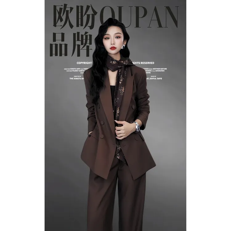 OUPAN欧盼 深圳南油原创 轻奢气质休闲复古外套长裤丝巾三件套951
