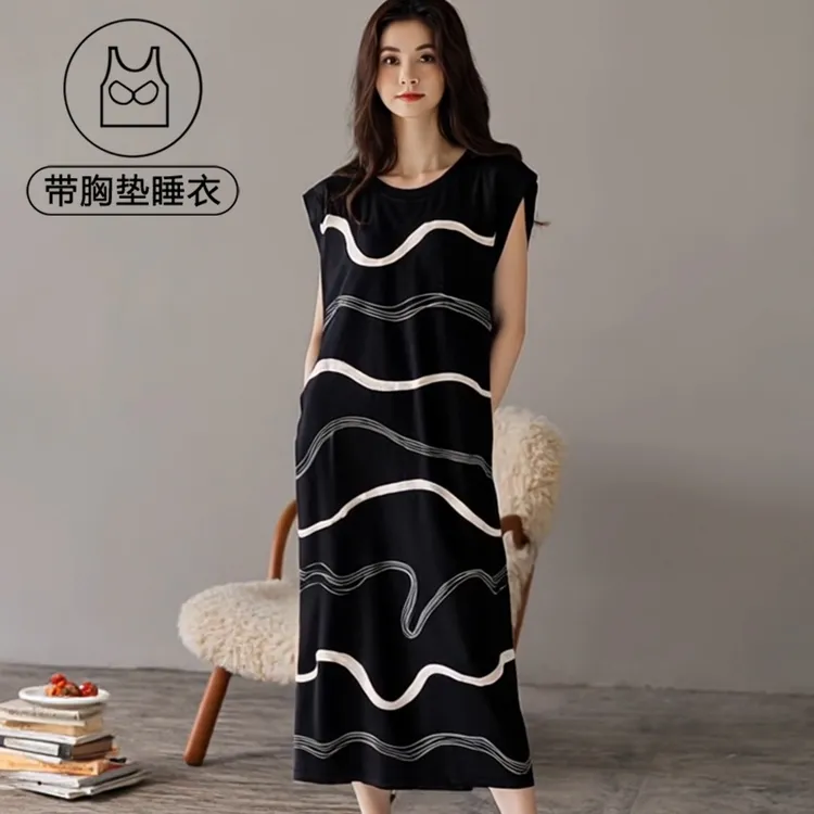 夏季带胸垫睡衣女士大码圆领外穿甜美睡裙夏天凉感条纹背心家居服