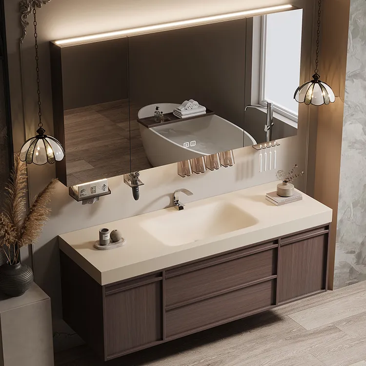 中古风胡桃木色骨骼线浴室柜岩板热弯一体盆法式中式复古洗手台柜