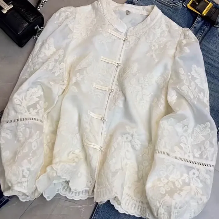 提花衬衫上衣复古中国风立领绣花衬衣长袖气质网红时尚新中式春季