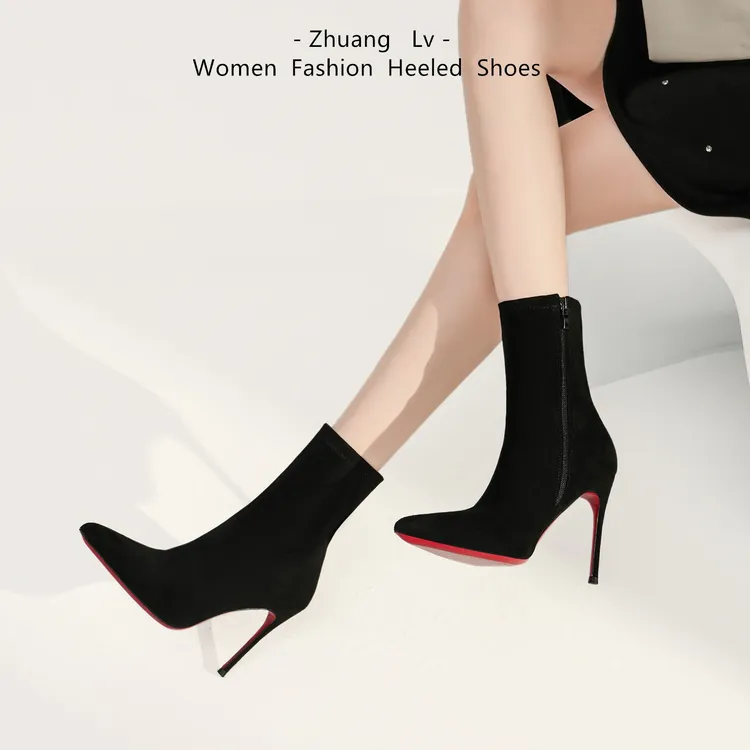 侧拉链红底短靴女2025年冬黑色侧拉链细跟尖头瘦瘦靴性感高跟鞋靴