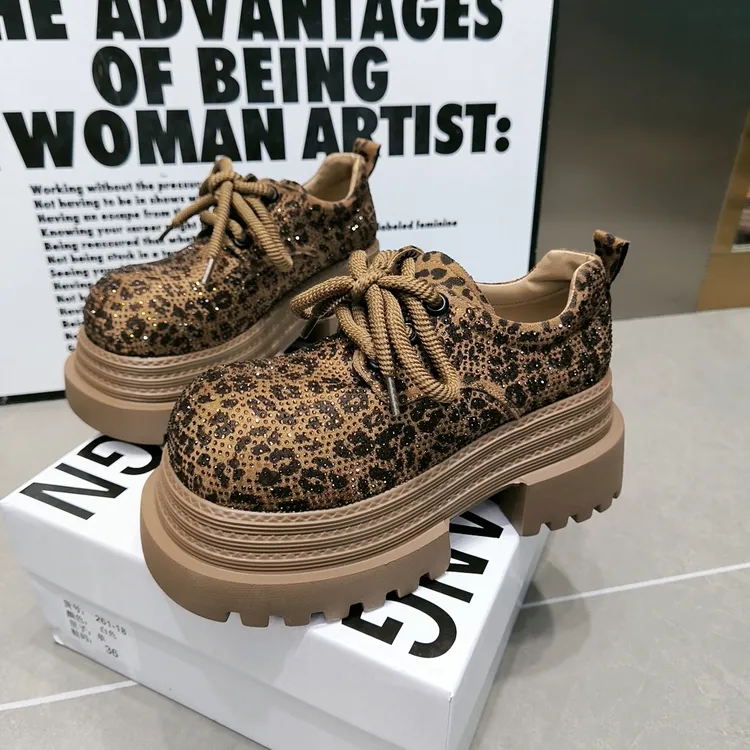 富贵足8129-2豹纹英伦风厚底7公分圆头春秋单鞋复古小众乐福鞋