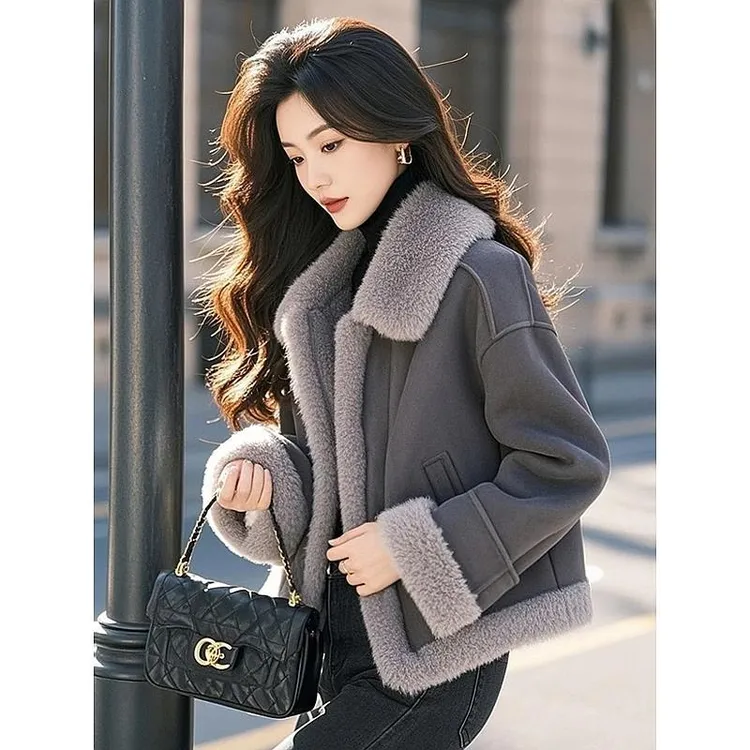 2025新款独特超好看小香风韩系百搭灰色加厚保暖皮毛一体外套女冬