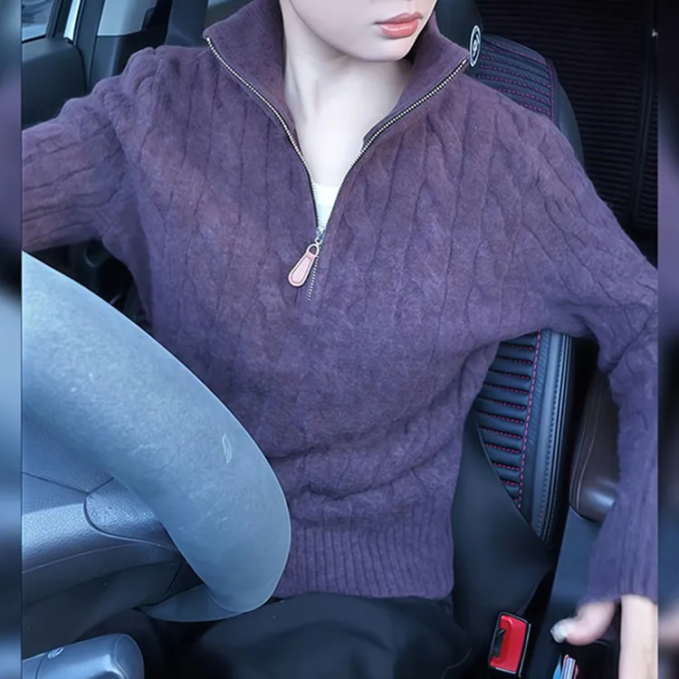 M986法式氛围感紫色半拉链翻领针织衫女新款减龄轻奢上衣