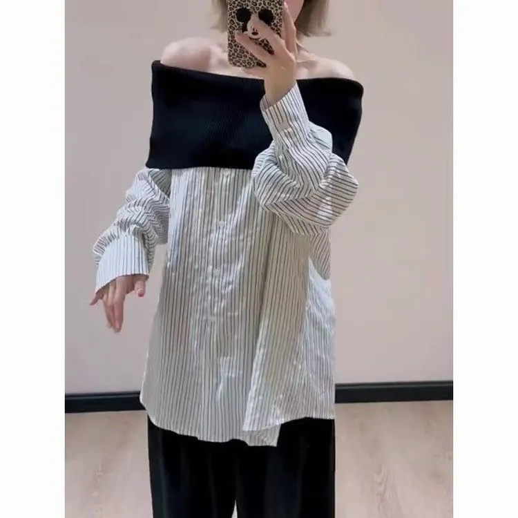 大码爆款韩系一字肩条纹长袖女2025秋季新款独特设计感慵懒风上衣