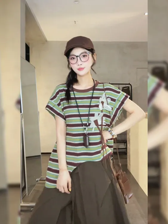 2025夏季新款穿搭宽松条纹短袖上衣洋气高级感咖色半身裙套装女装