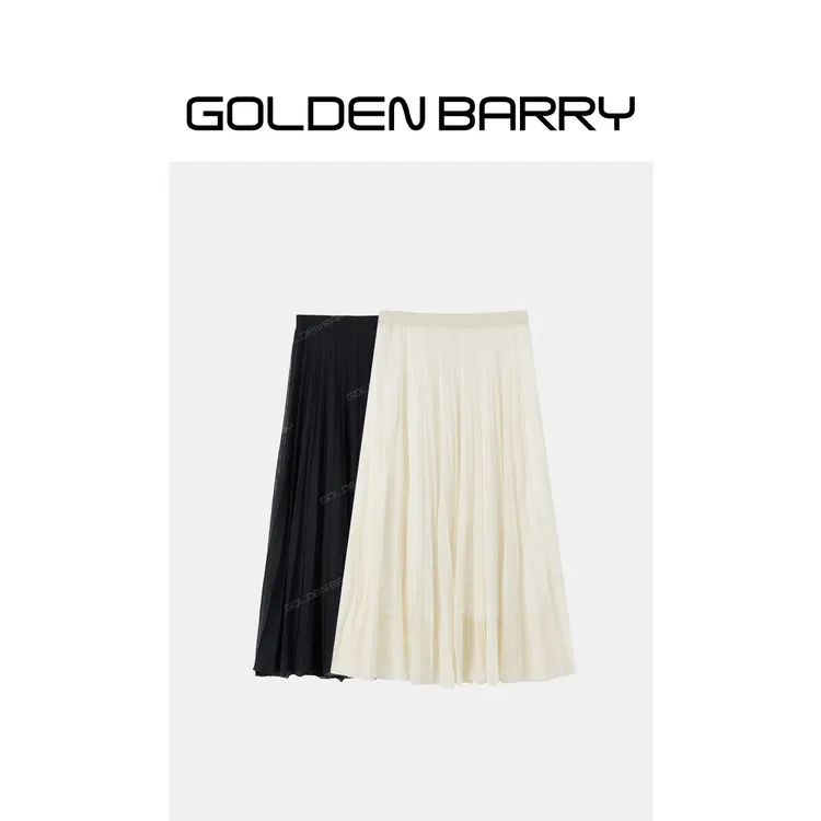 GOLDENBARRY「柔韵裙」百褶A字半身裙百搭纯色黑色裙子GB060111004
