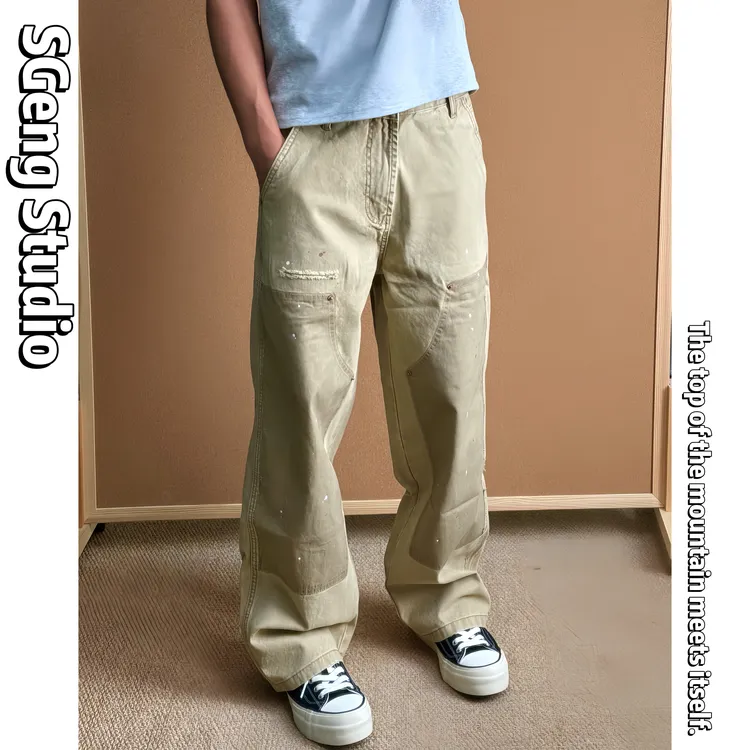 SGeng.2025原宿风复古拼接撞色泼墨伐木水洗工装裤宽松直筒长裤潮