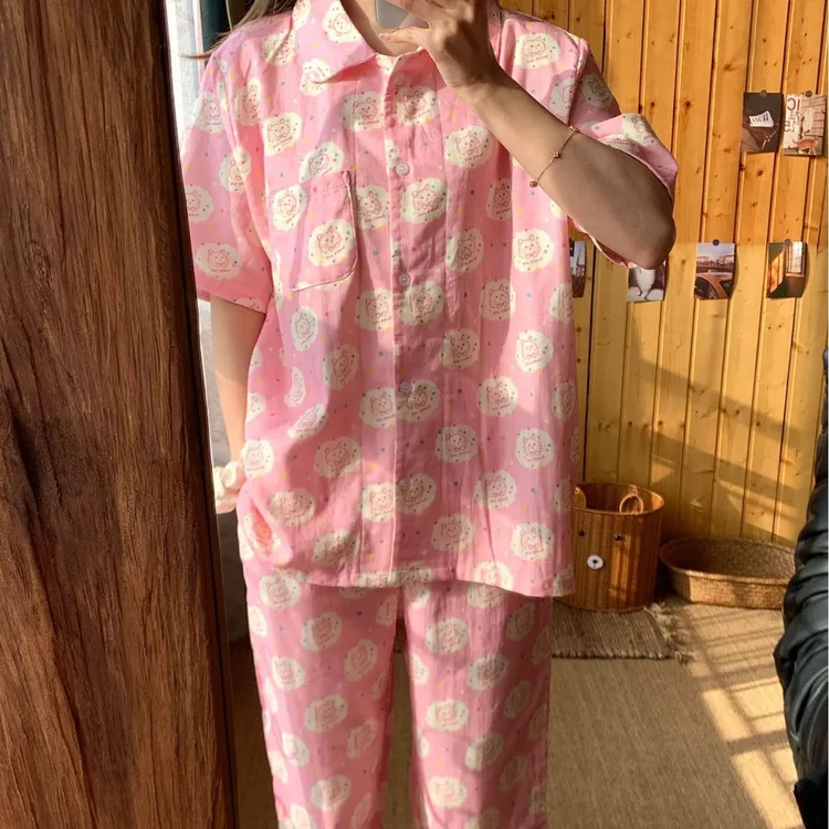 睡个好觉 布偶猫猫 25新纯棉双层纱小翻领家居服睡衣套装短袖长裤