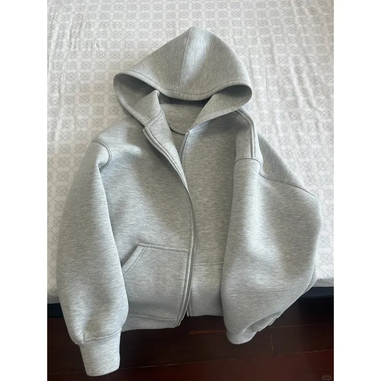 浅灰色重磅硬挺开衫卫衣男女秋季美式廓形短宽连帽衫休闲运动外套