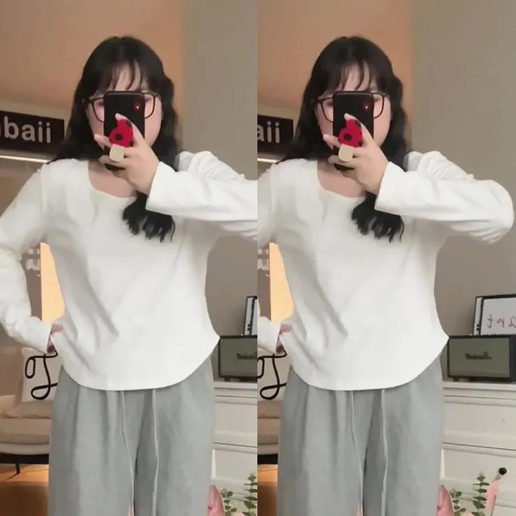 300斤大码女装胖mm遮肚子内搭打底衫秋季新款正肩长袖t恤百搭上衣