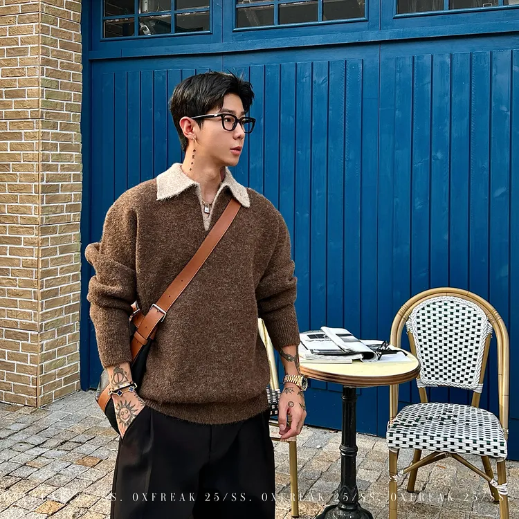OXFREAK「流苏马海毛」老钱风重磅海鸥领毛衣男软糯感翻领针织衫