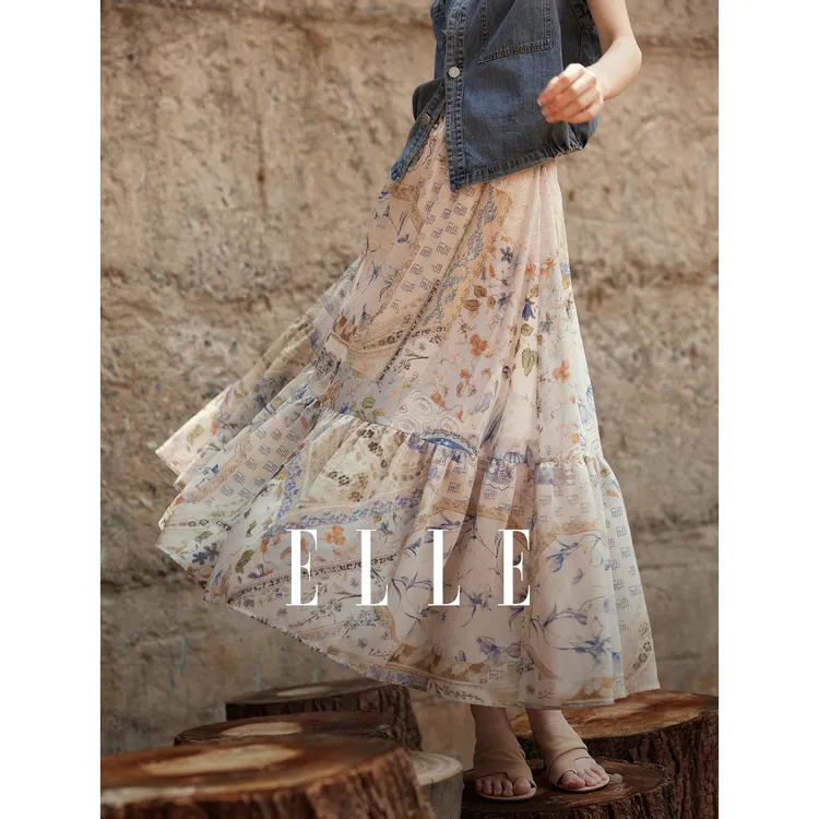 ELLE复古度假风半身裙女2025夏季新款波嬉印花高腰ER52060