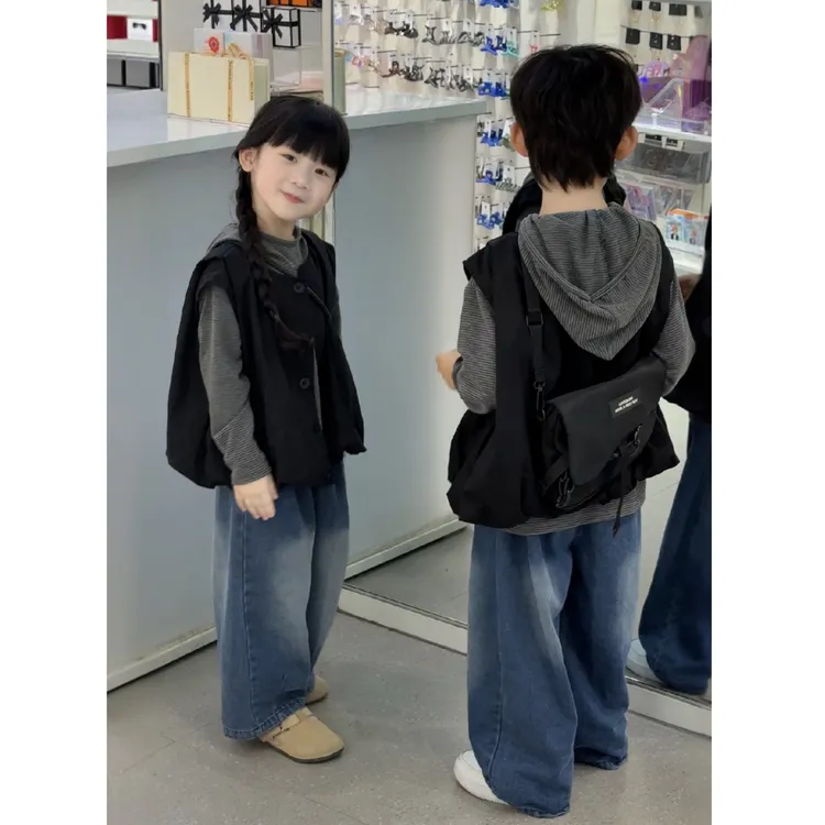 男女春秋款套装2025新款时髦男女童连帽卫衣痞帅马甲三件套潮FY