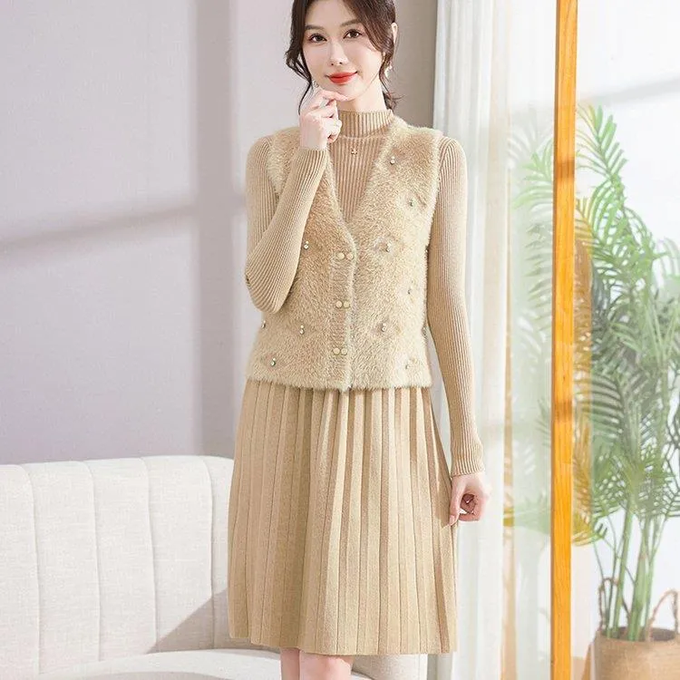 2025秋季新款时尚套装女洋气减龄马甲打底衫两件套内搭毛