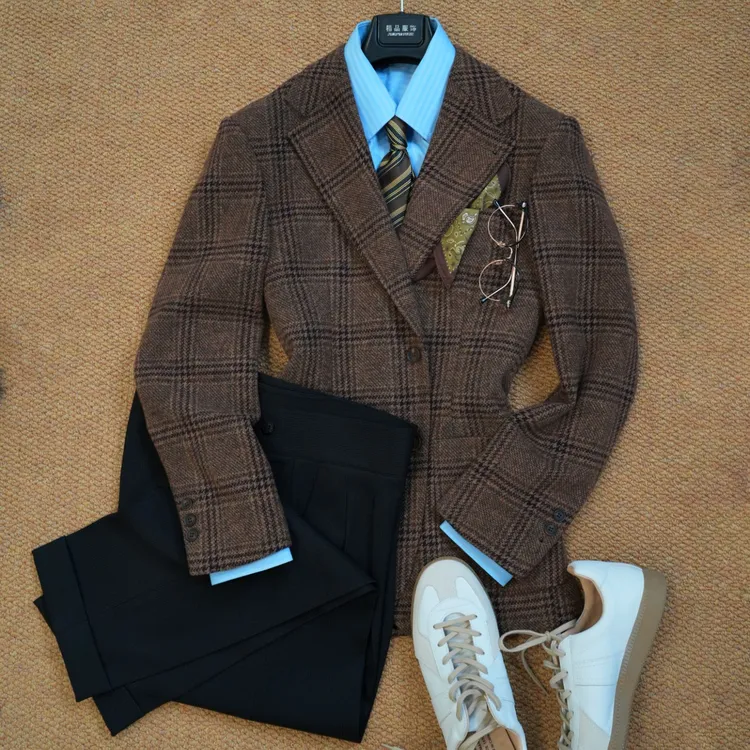 秋冬复古羊毛50保暖磨毛平驳领西服上装休闲男士商务高级感男装