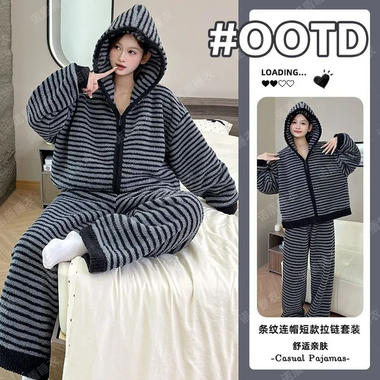 2025冬季半边绒大码睡衣女连帽保暖加绒加厚珊瑚绒家居服套装外穿