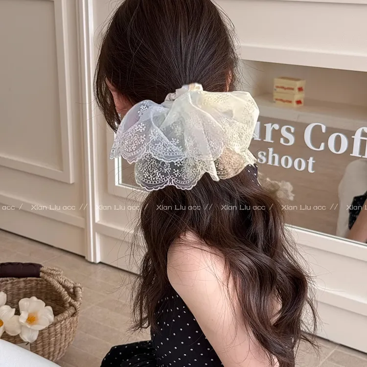蕾丝网纱裙摆发圈女高级感法式超大扎头发肠圈头绳气质头花发饰品