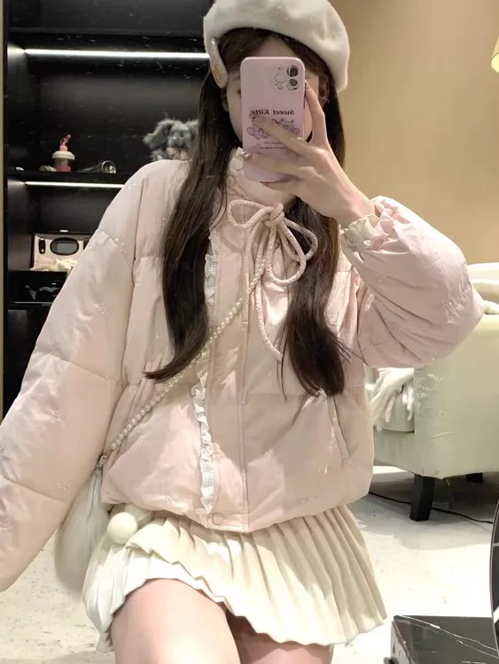 少女感甜美粉色蝴蝶结刺绣保暖棉服女秋冬宽松百搭小个子短款棉袄