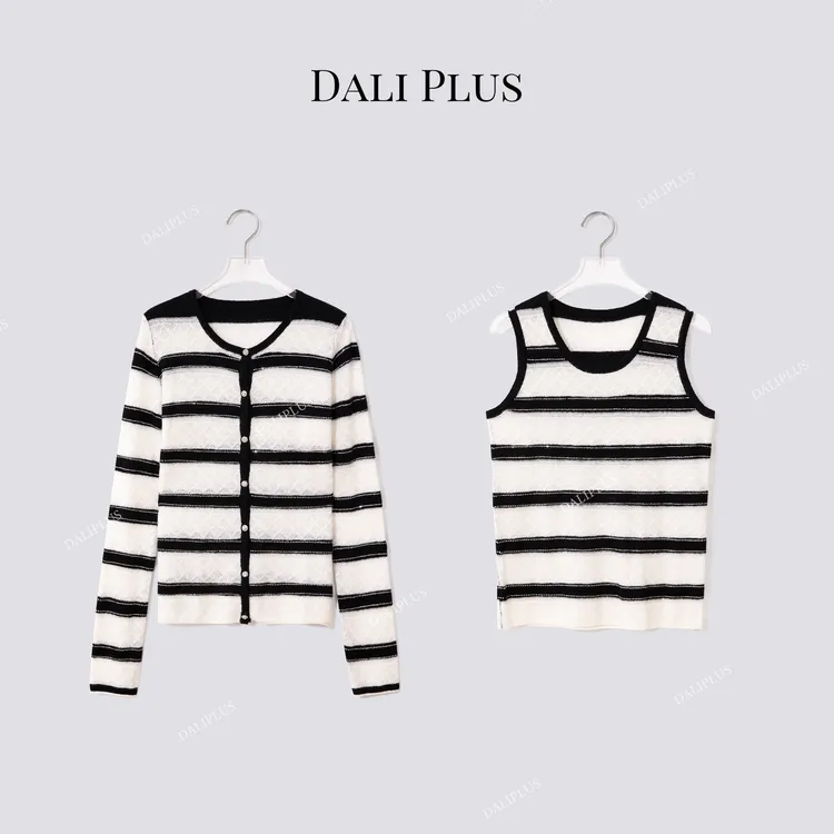 DALI PLUS“高克重苏力羊驼毛”带钻条纹长袖针织衫+背心-D5MM2695