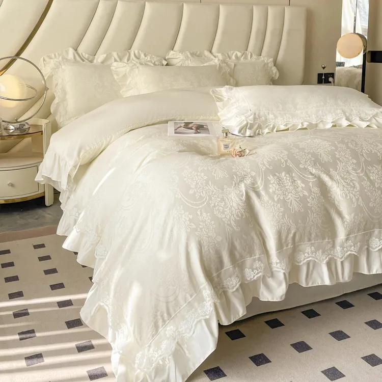 韩式花边款公主风冰丝提花四件套双面冰丝双人被罩纯色简约床笠款