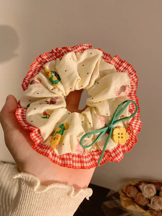 蝴蝶结小熊红色蕾丝花边大肠发圈女高级感韩系大号头绳发饰头饰