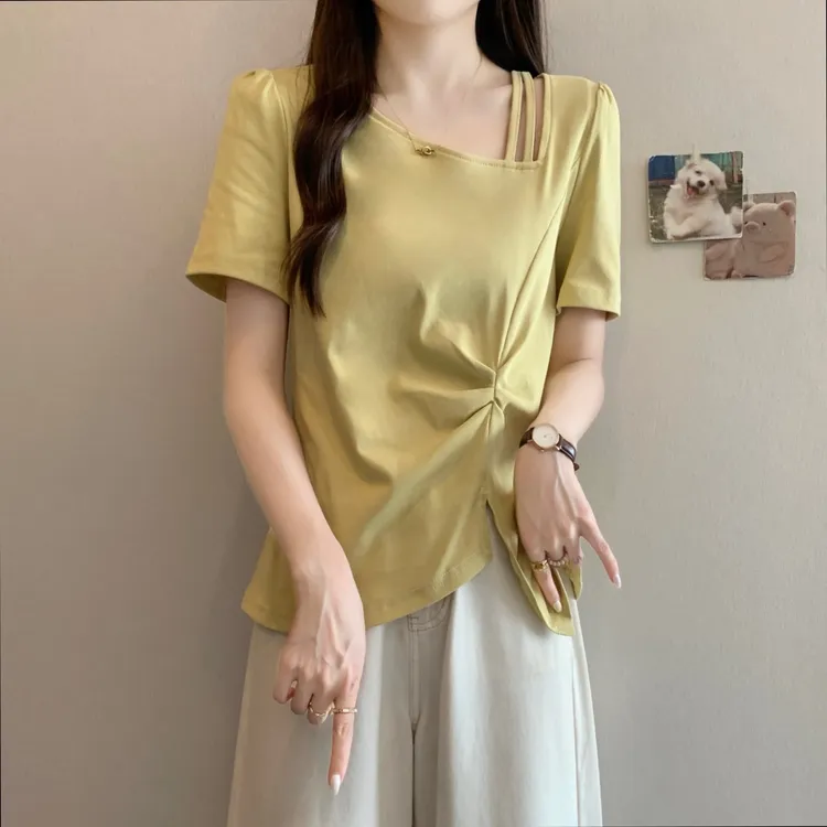 不规则镂空正肩短袖恤女夏2025新款大码胖显瘦设计感开叉上衣