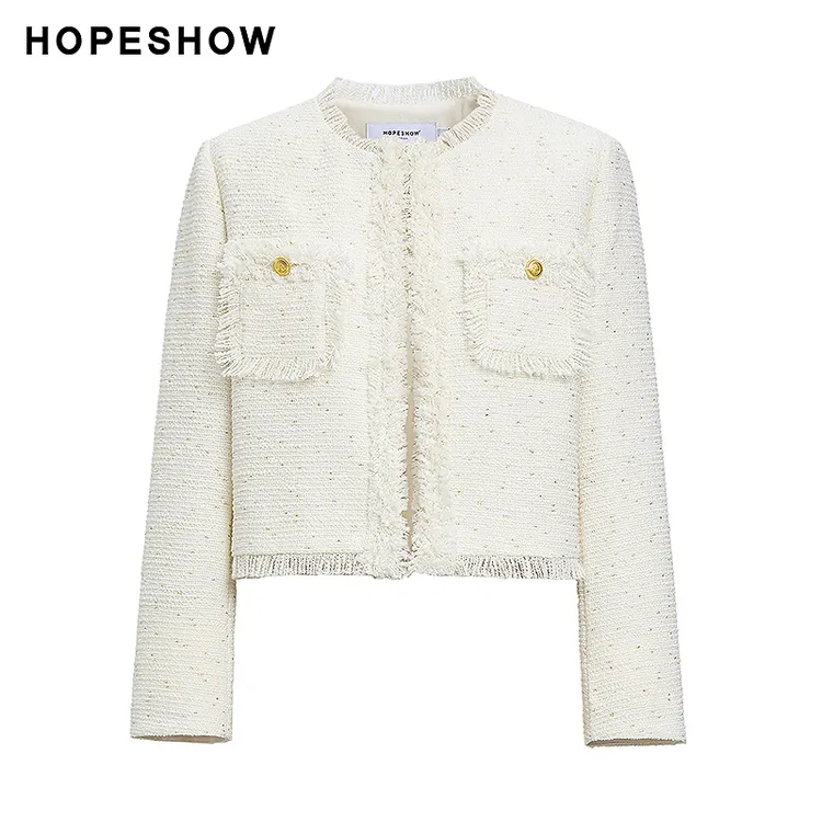 红袖秋冬秋季女装香风粗花呢流苏拼接拉毛正肩短外套89424300409