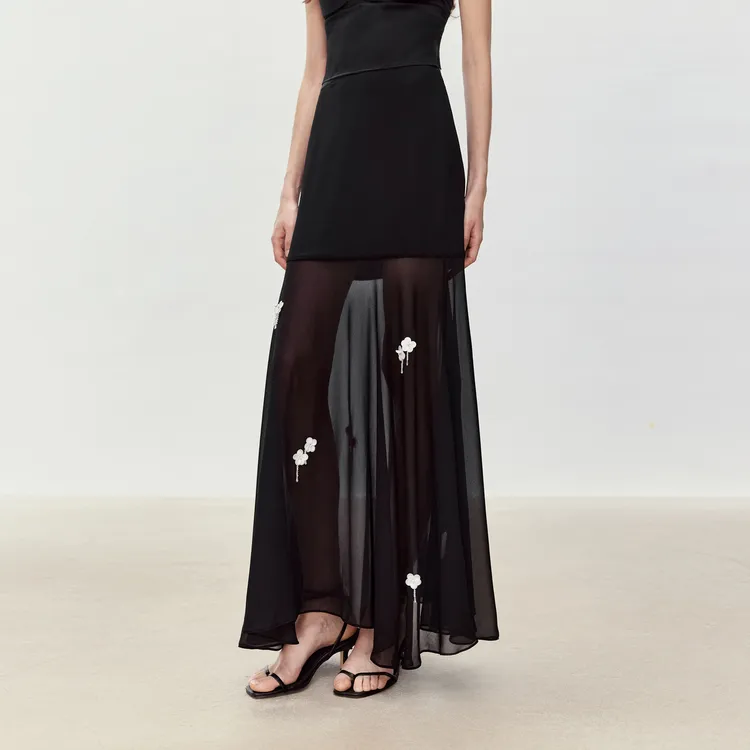 LYNEE 手工钉珠雪纺透感黑色半身裙女百搭夏季新款优雅LGD2FSW226