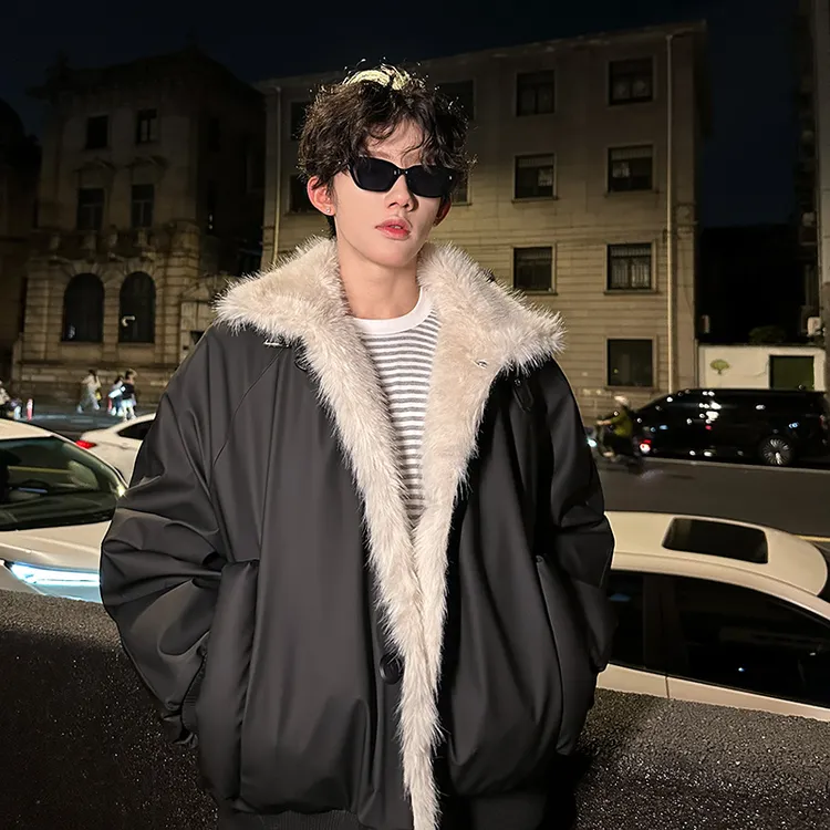 美式座山雕毛领加绒棉服男款冬季加厚防寒保暖宽松潮牌短款面包服