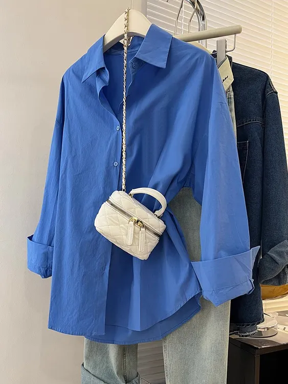 克莱因蓝衬衫女春秋2025设计感小众纯棉衬衣外套宽松上衣潮