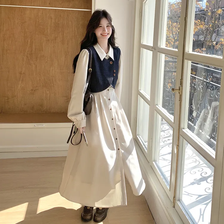 法式气质穿搭牛仔马甲连衣裙套装女2025秋季新款衬衫裙超火两件套